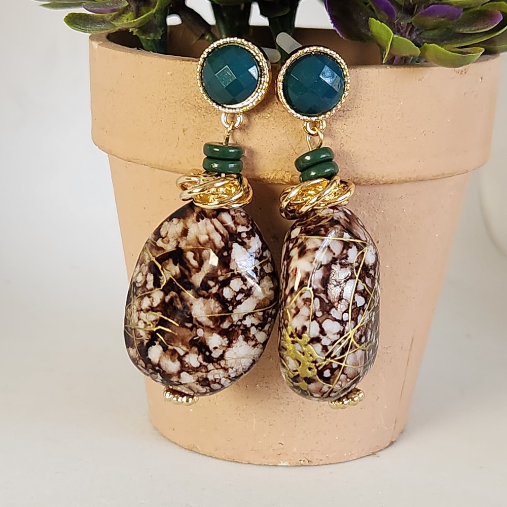 Marbled Brown and Teal Teardrop Statement Drop Earrings Gold Tone 2 Inch
